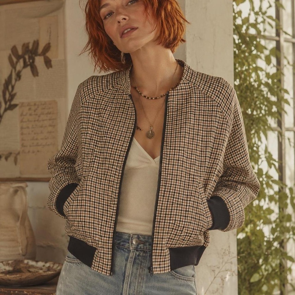 Who What Wear brown and beige checkered bomber jacket in size M